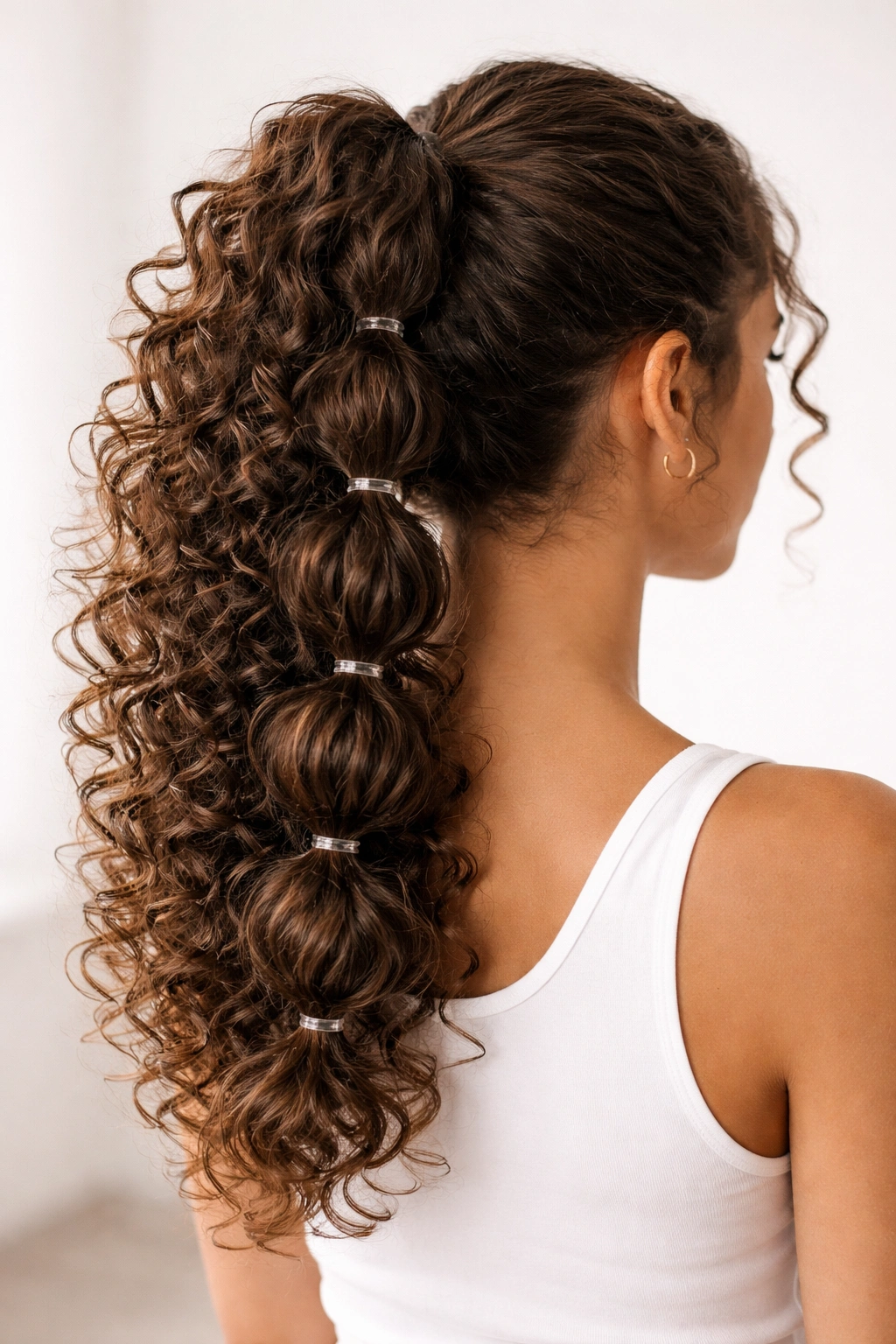 Close-up of a curly bubble ponytail with multiple hair ties creating bubble sections