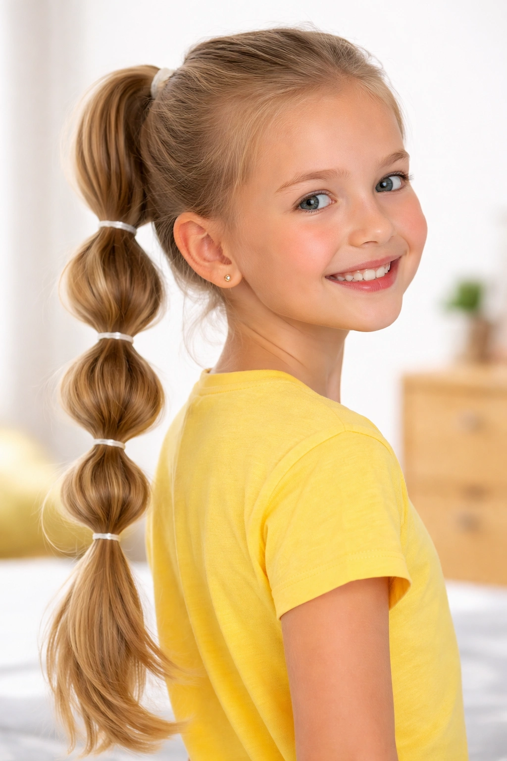 Bubble ponytail with multiple elastic segments along the length