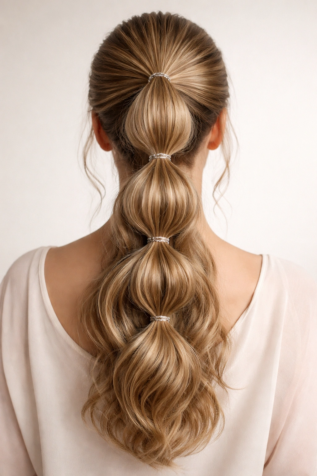 Back view of bubble ponytail with elastic bubbles along the length