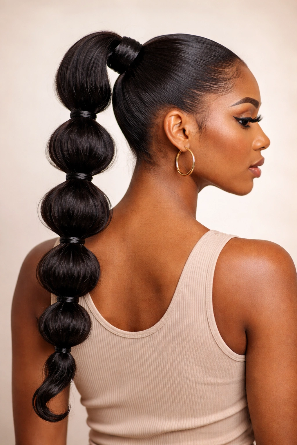 Bubble ponytail with evenly spaced elastics creating rounded sections