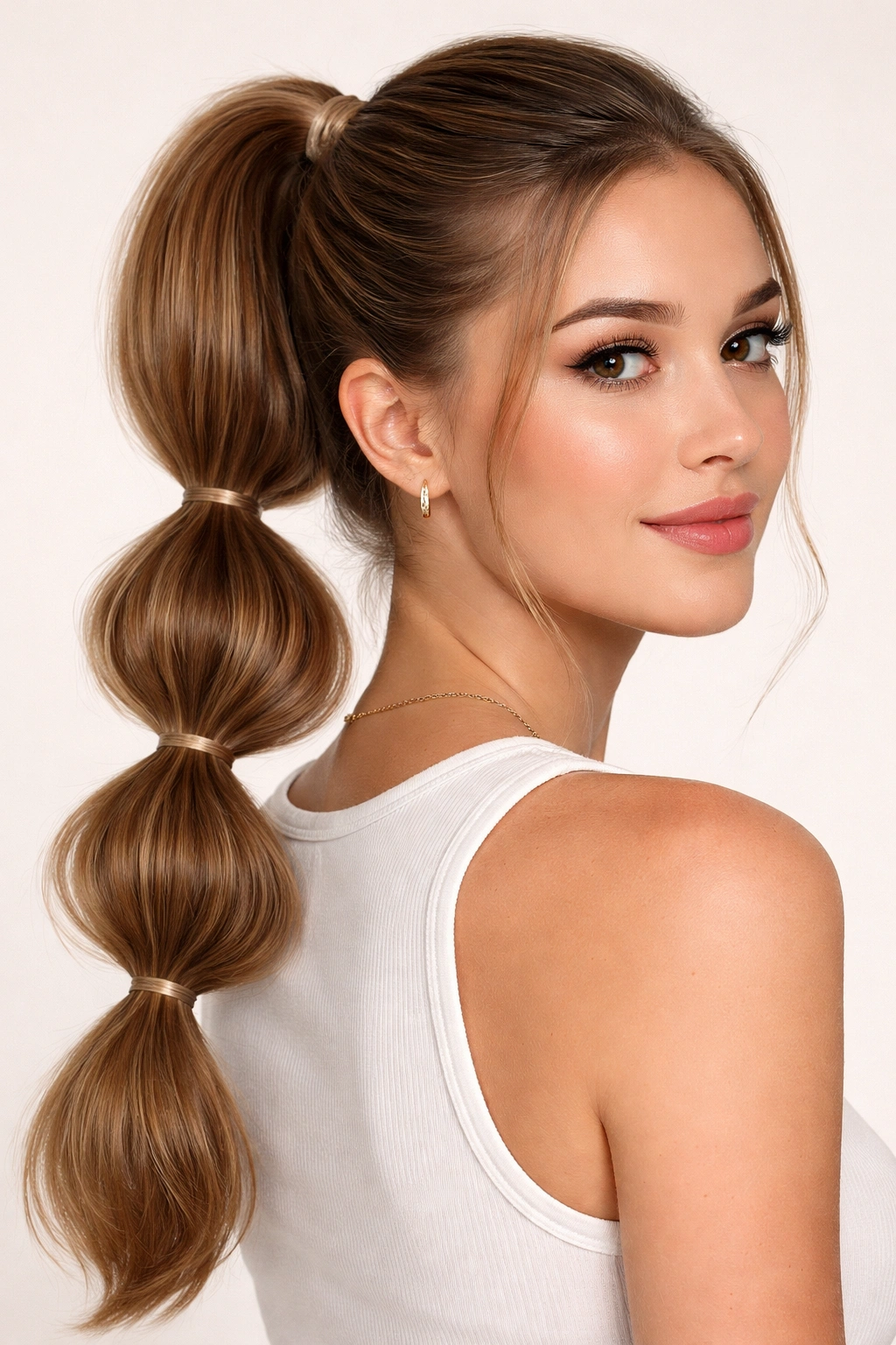Close-up of bubble ponytail with segmented bubbles formed by elastics