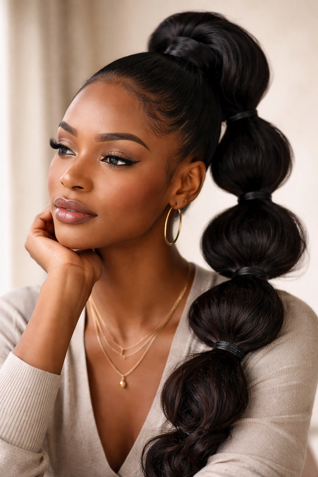 Thoughtful portrait of a Black woman with a bubble ponytail in a calm setting.