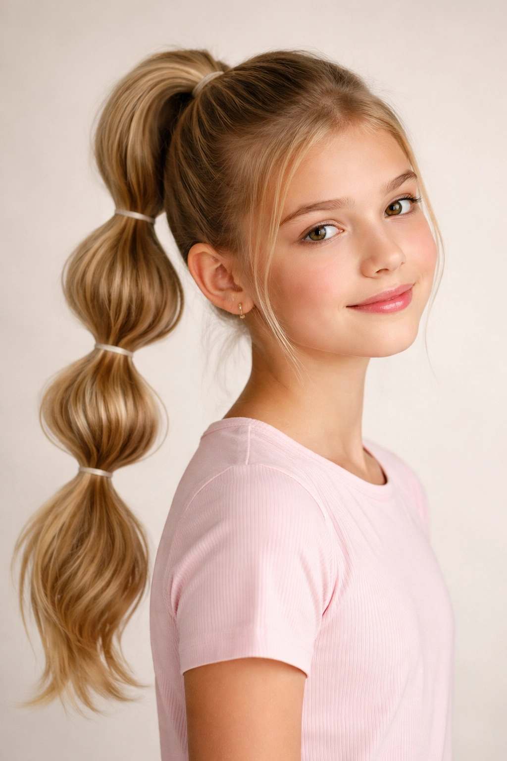 Close-up of a bubble ponytail with evenly spaced elastic bubbles