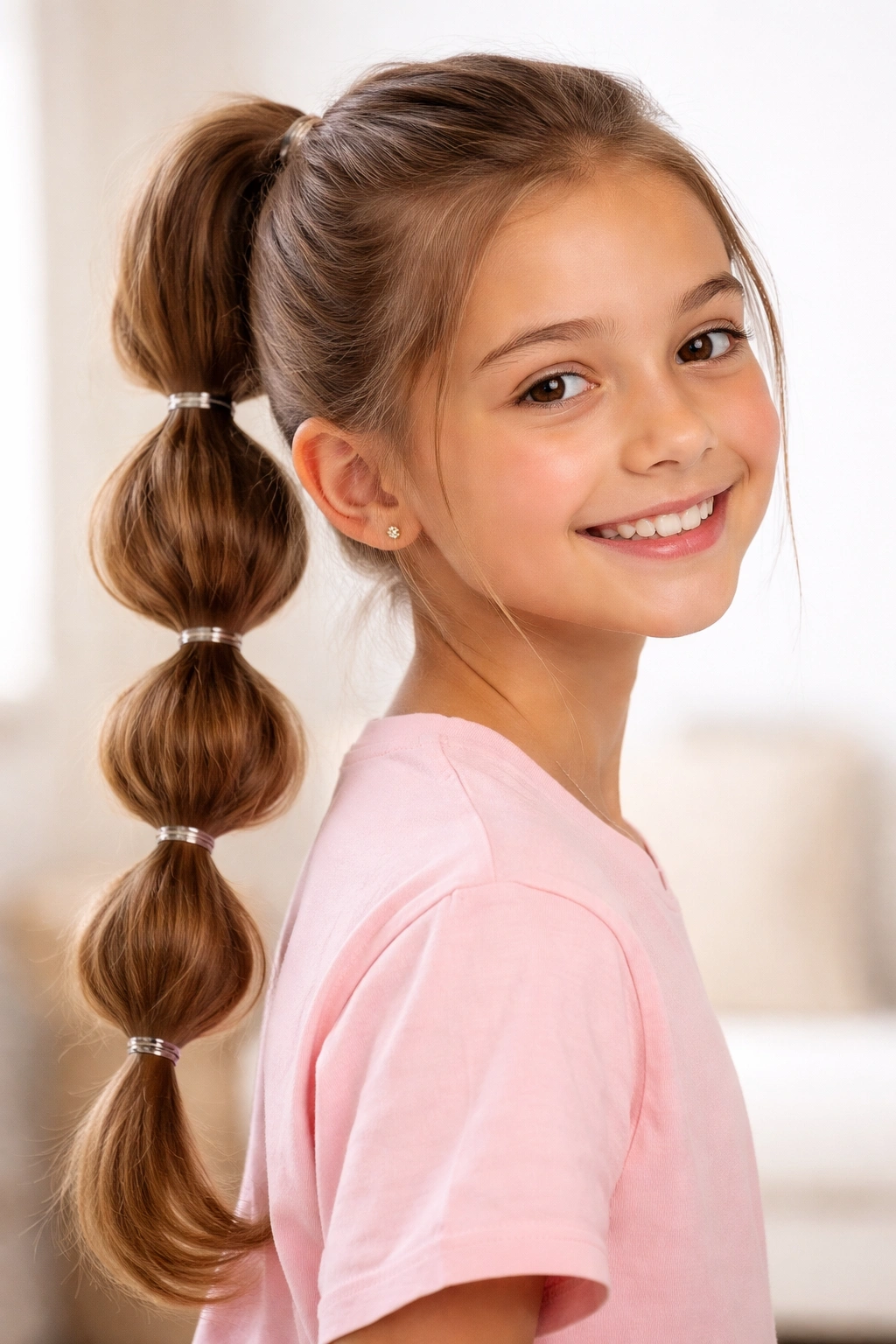 Ponytail featuring multiple elastics forming bubble segments along the length