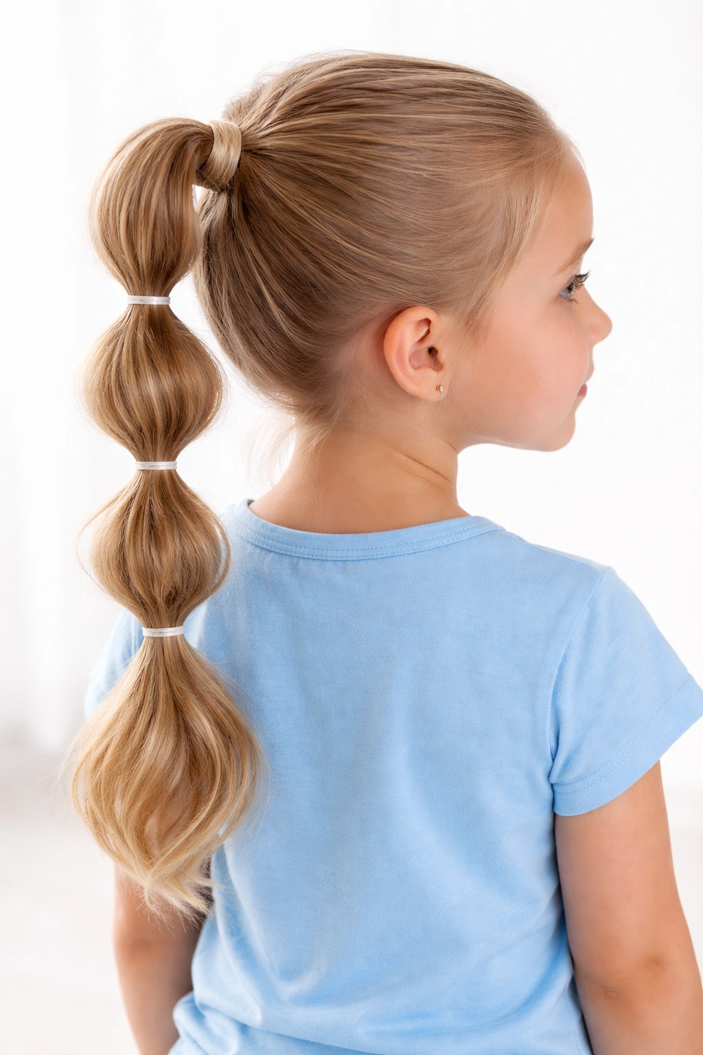 Bubble ponytail hairstyle with multiple elastic segments creating bubble shapes