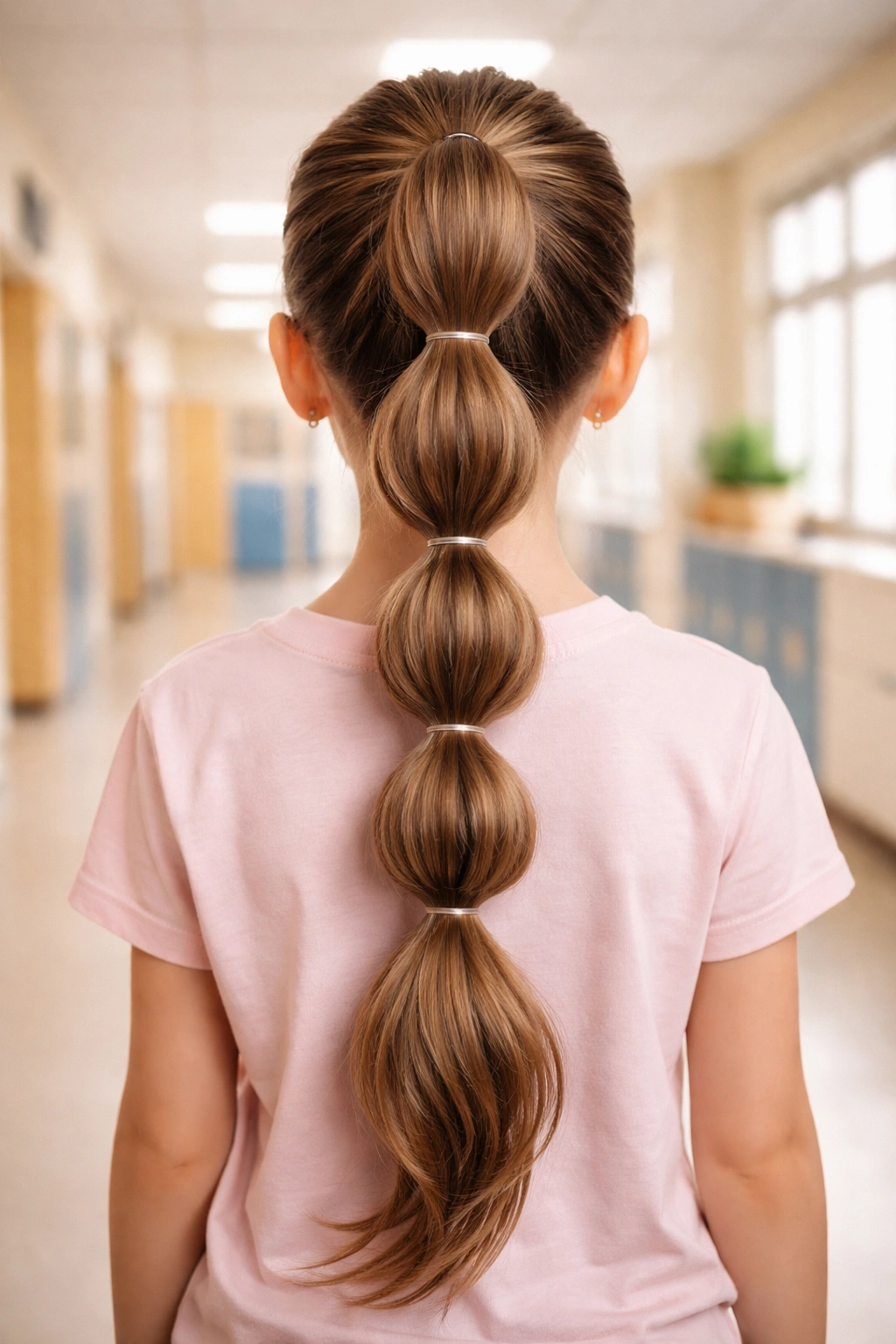 Back view of a bubble ponytail with evenly spaced elastics creating bubble sections.