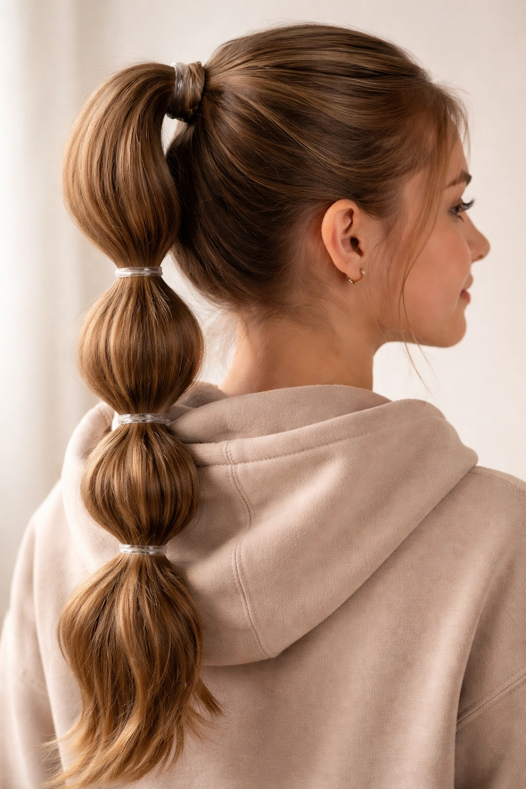 Close-up of a teen girl with a bubble ponytail featuring multiple bubble sections created by clear elastics