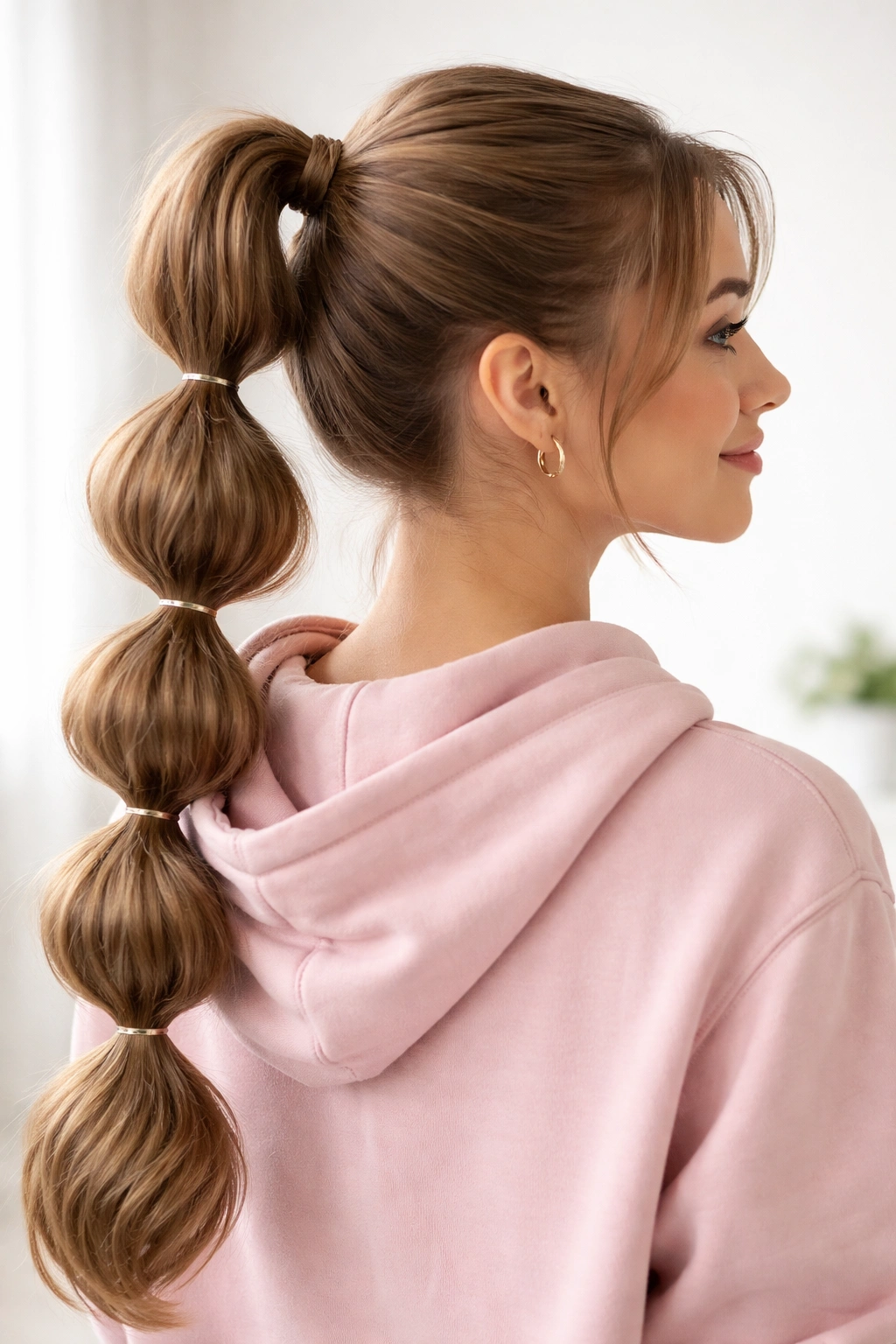 Close-up of a high ponytail with bubble-shaped segments created by elastic bands