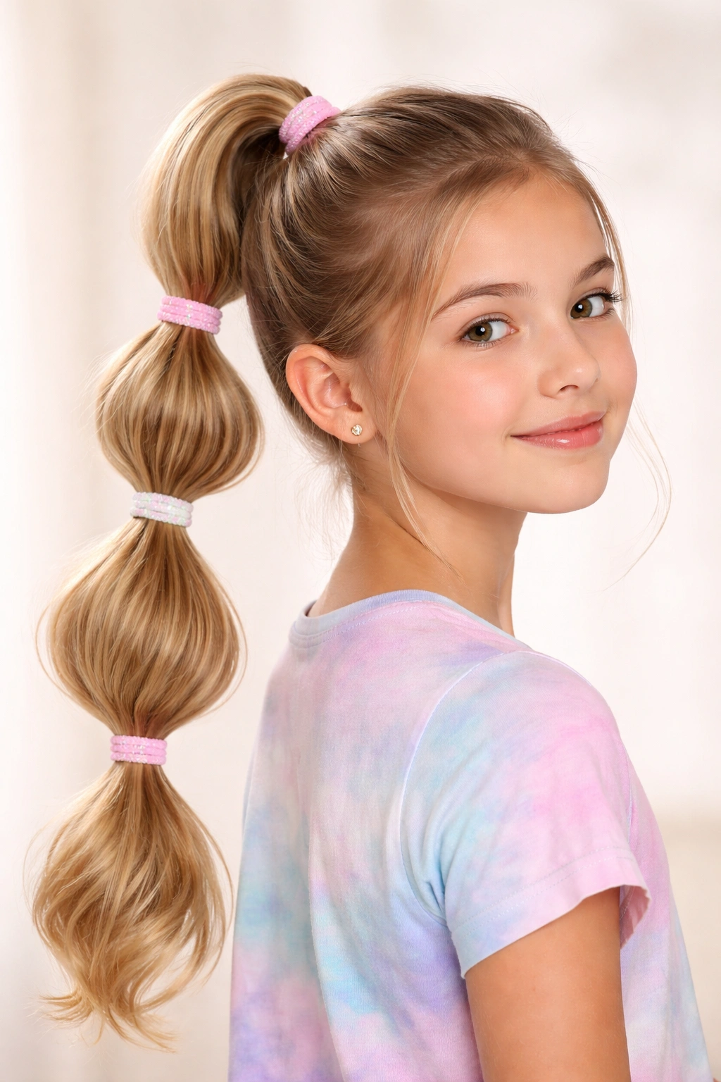 Girl with high bubble ponytail segmented elastics