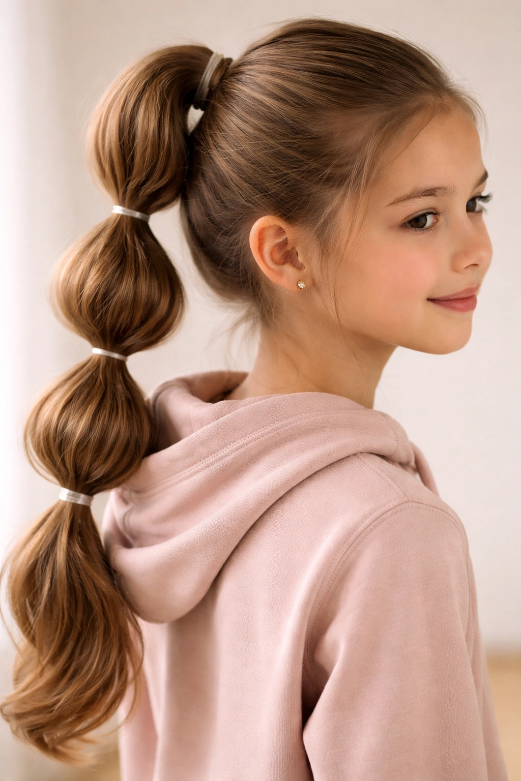 Close-up of a bubble ponytail hairstyle with visible elastic bubbles along a high ponytail