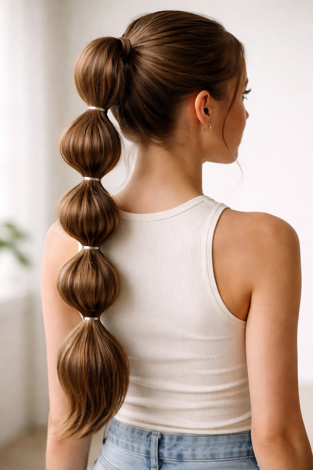 Back view of long hair in a bubble ponytail with multiple elastics showing distinct bubbles