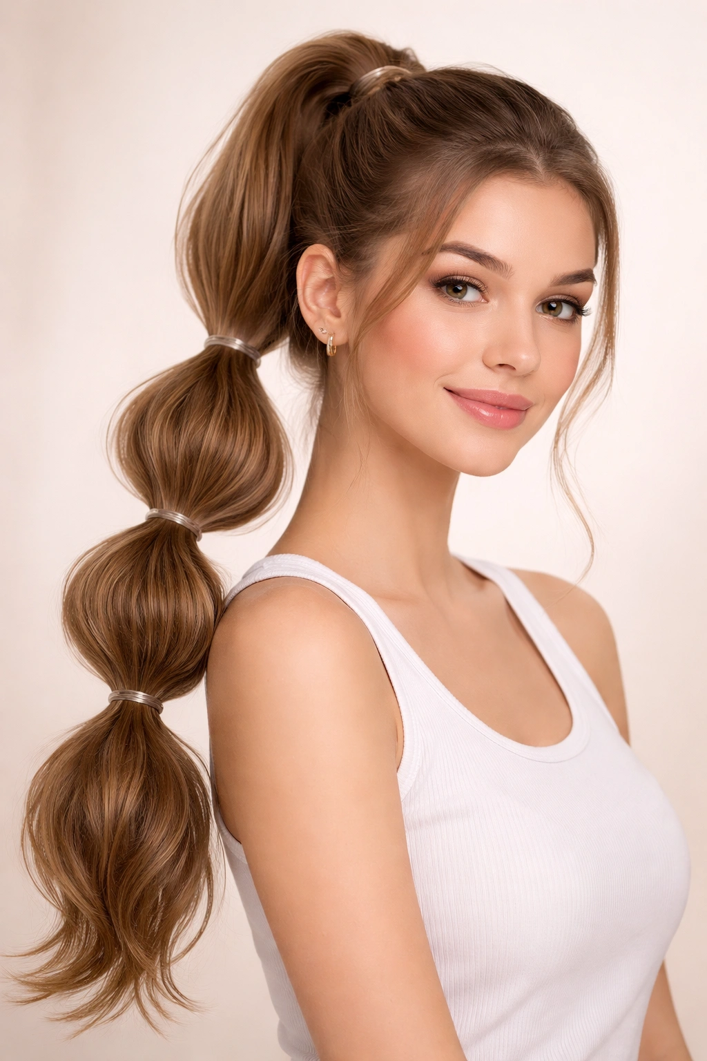 Close-up of a bubble ponytail with evenly spaced elastic bubbles along the length