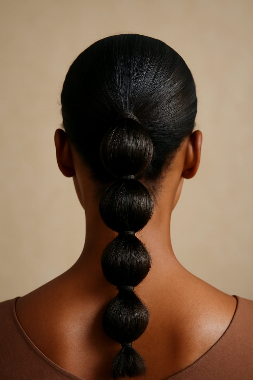 10 Stunning Wedding Guest Hairstyles for Black Women 8 Back view of a bubble ponytail with evenly spaced elastic segments along a mid-length ponytail