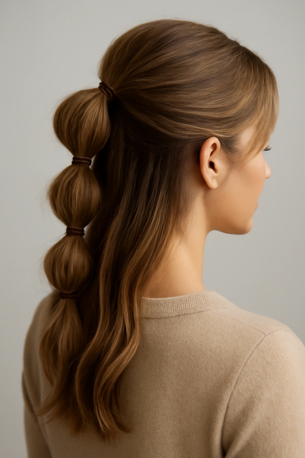 Side view of layered half-up bubble ponytail
