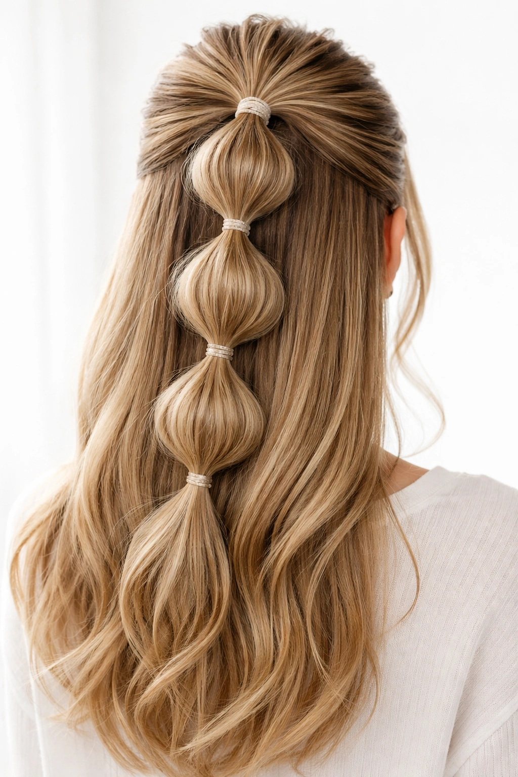 Bubble ponytail half-up hairstyle with bubble elastics