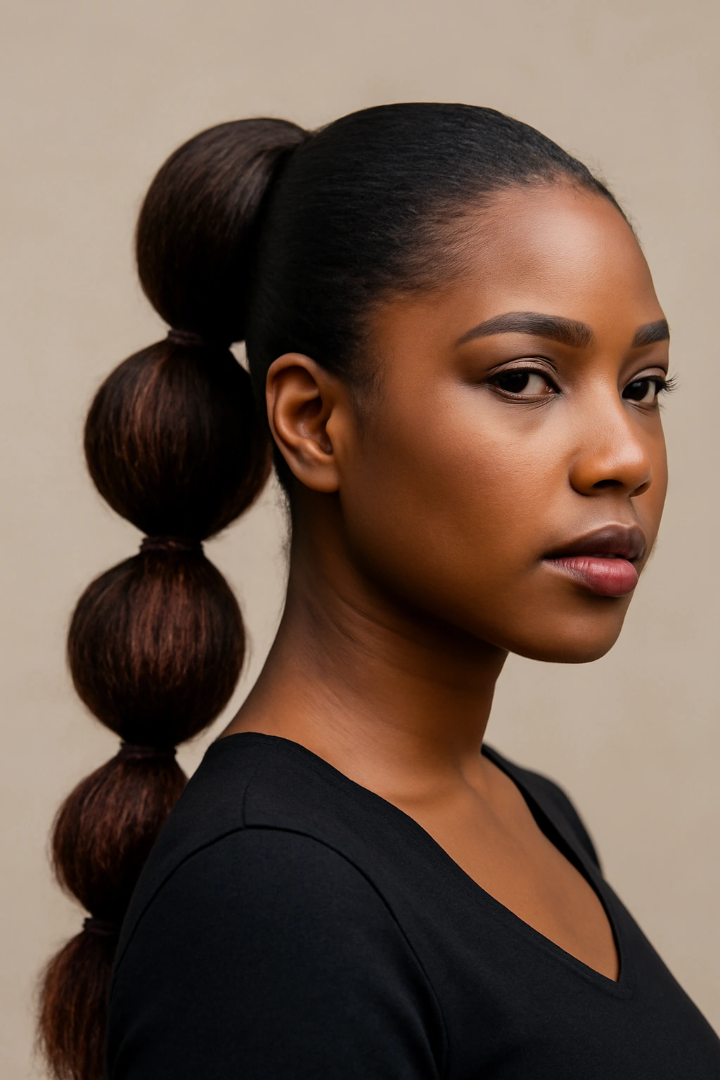 10 Bubble Ponytail Styles Black Women Love Right Now 6 Close-up of a Black woman with hidden layer bubble ponytail