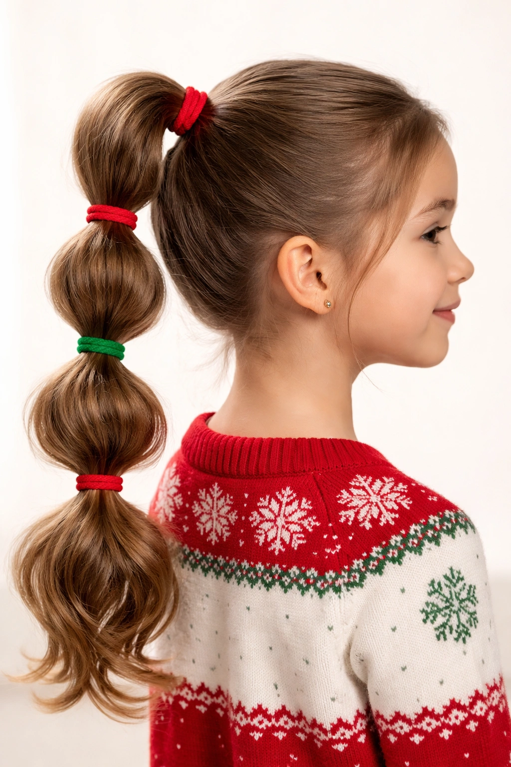 Bubble ponytail with red and green elastics forming rounded bubbles