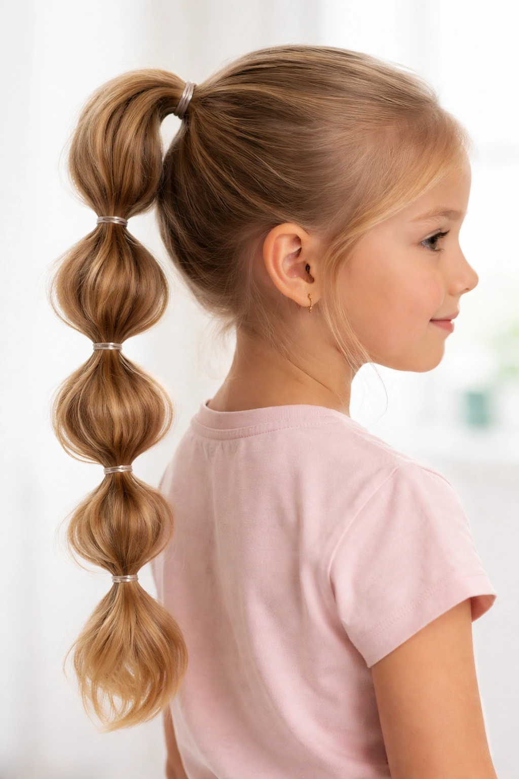 High ponytail with bubble segments formed by elastics along the length