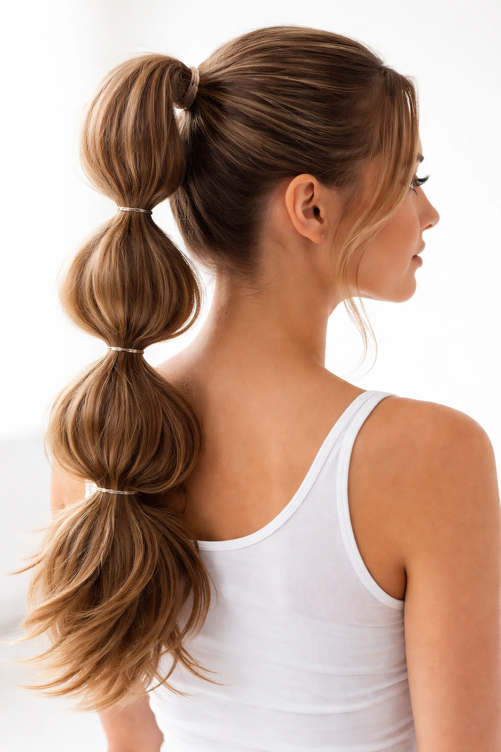 Bubble ponytail with segmented bubbles and layered ends