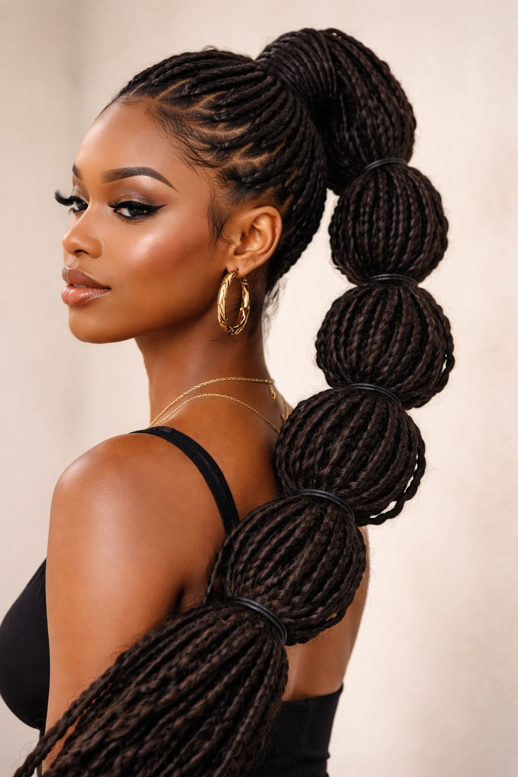 Bubble ponytail featuring faux locs with textured stacked bubbles.
