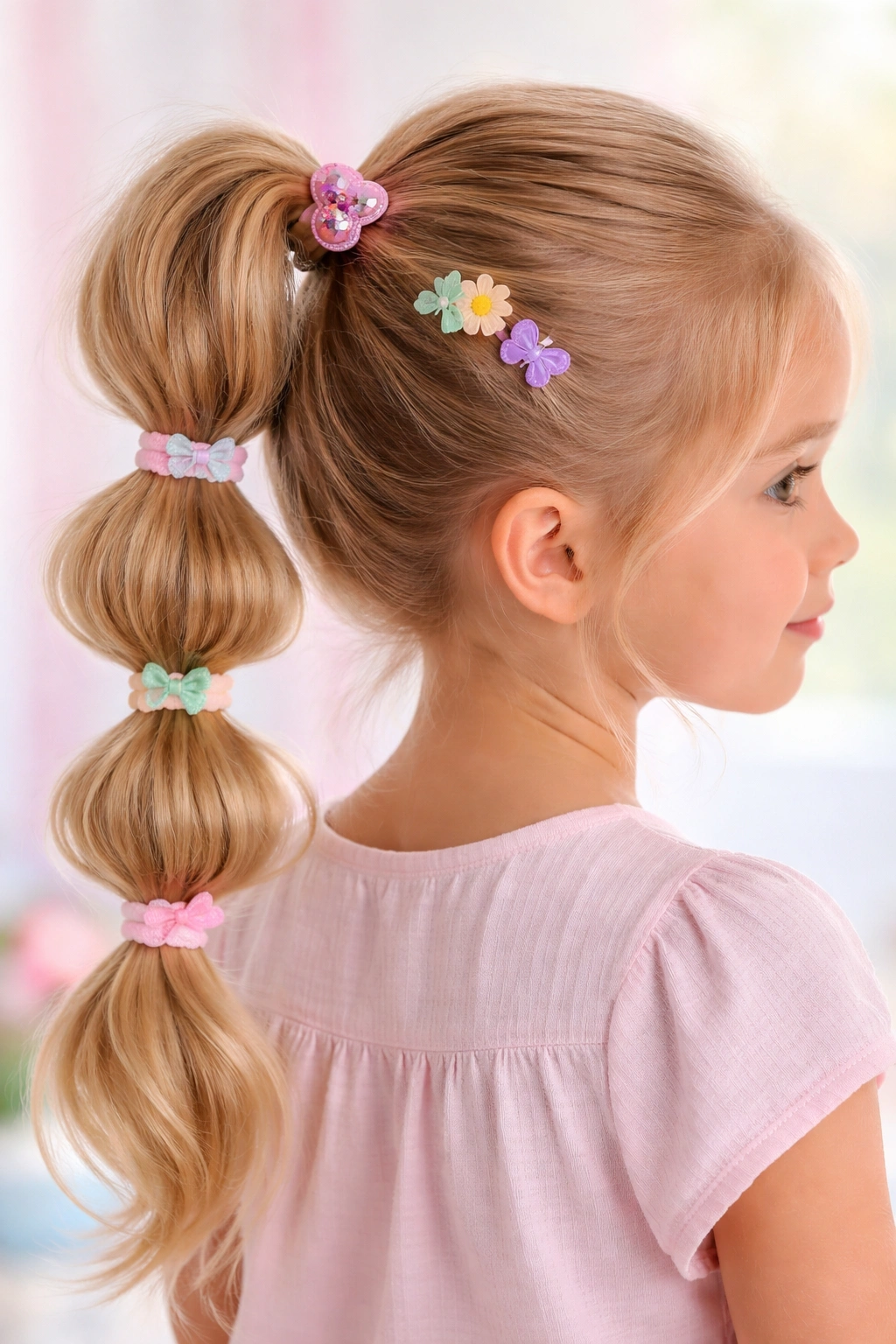 Side view of a bubble ponytail with pastel accessories