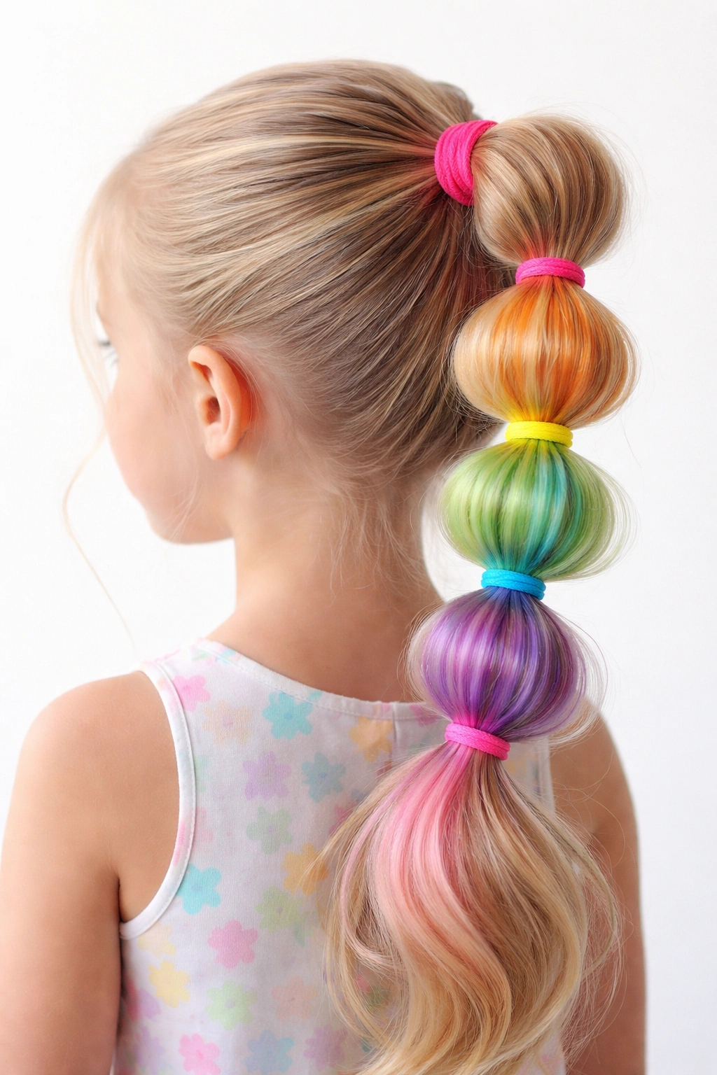 High ponytail with colorful rainbow bubbles formed by elastics
