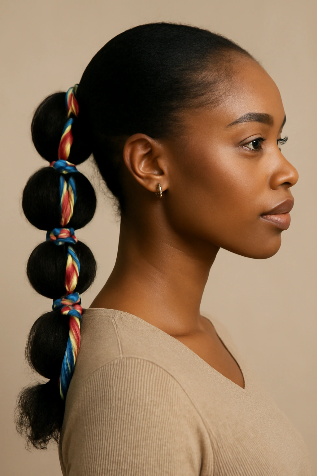 10 Bubble Ponytail Styles Black Women Love Right Now 5 Portrait of a Black woman with bubble ponytail woven with a ribbon