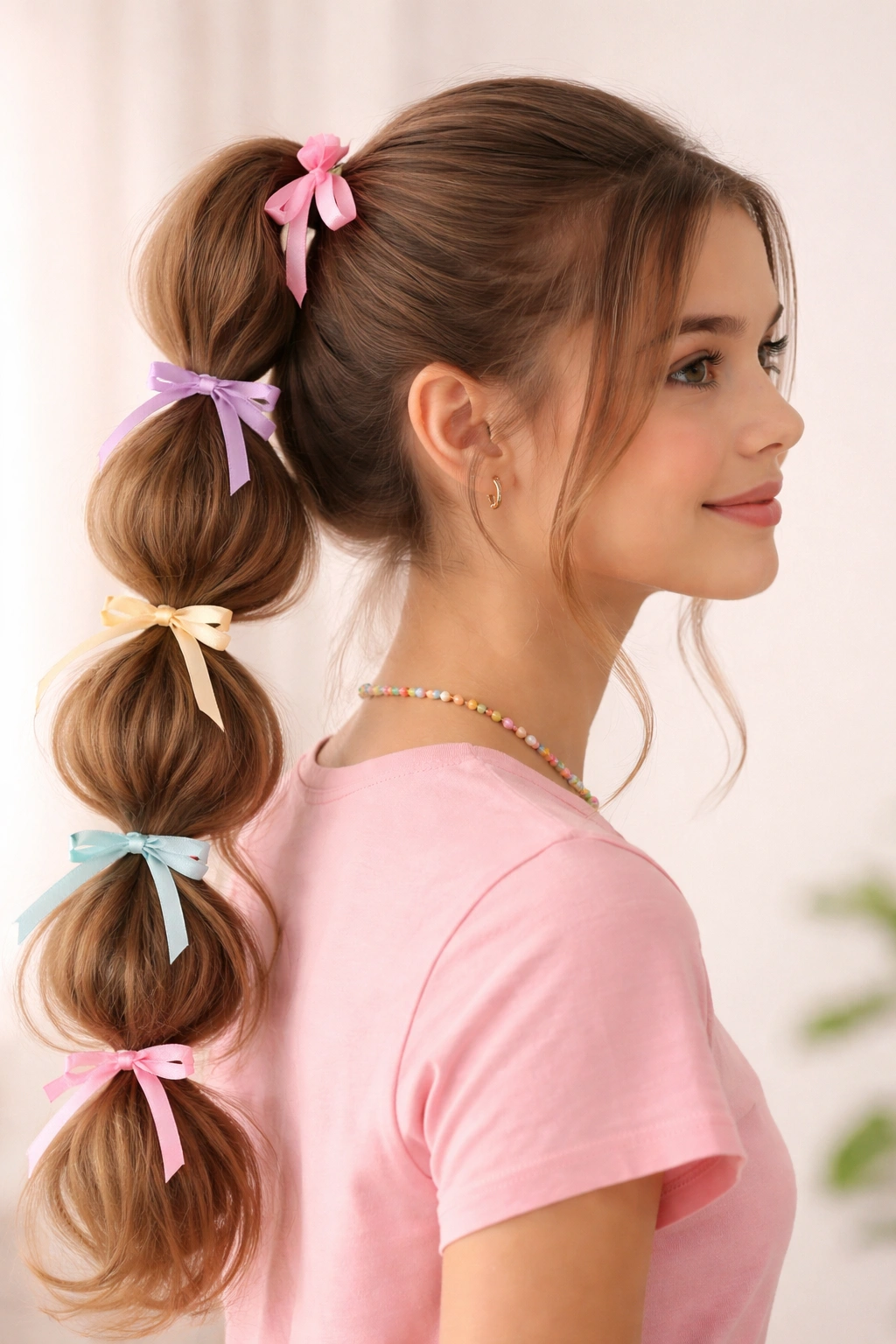 Bubble ponytail with ribbon ties on a teen in a studio setting.