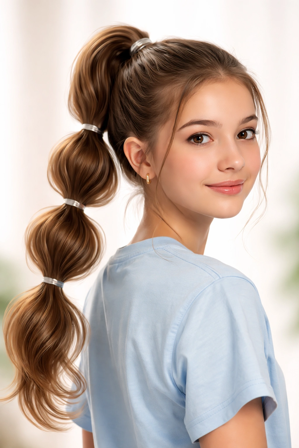 Teen with a bubble ponytail created by multiple elastic bands