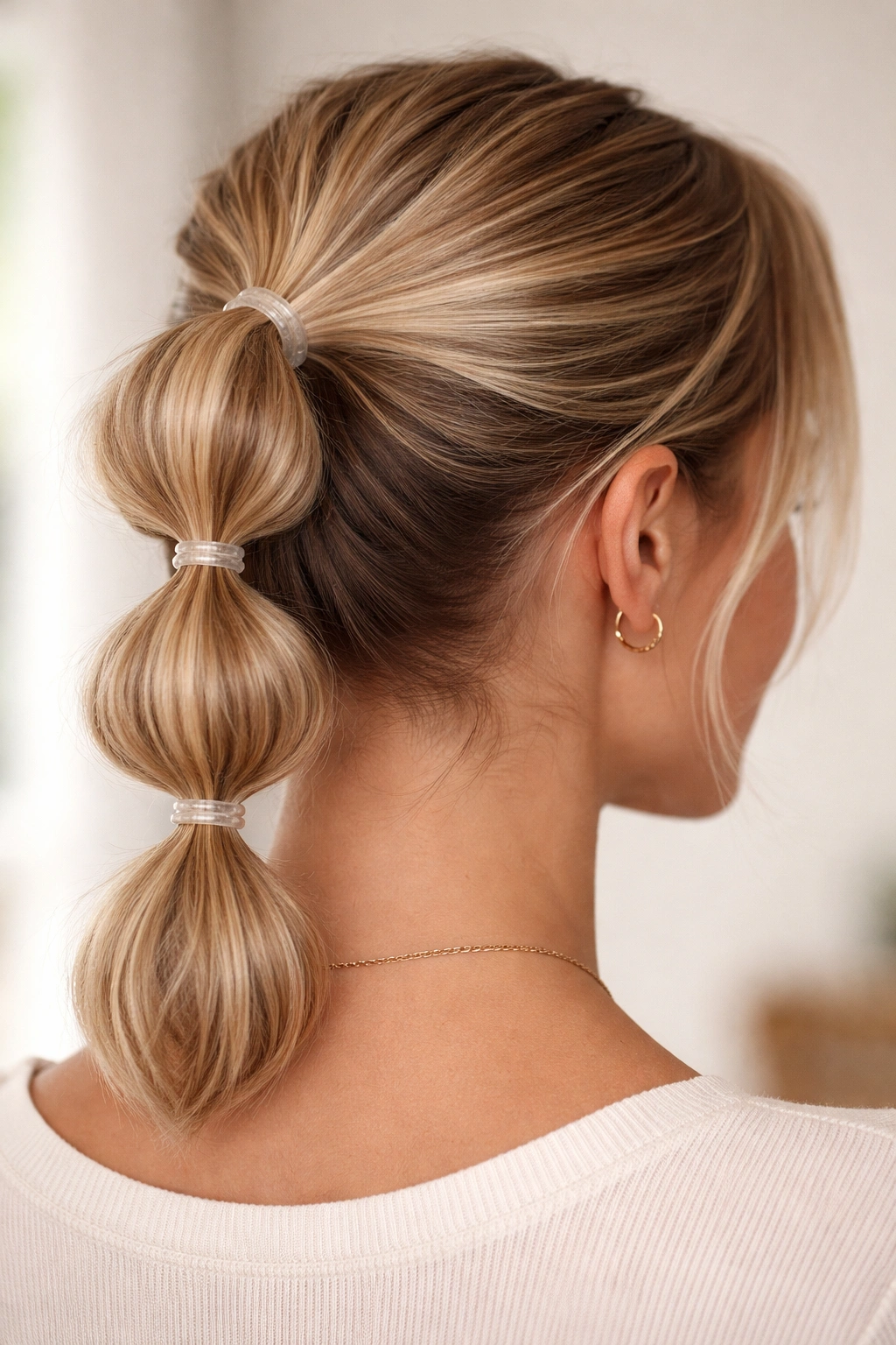 Bubble ponytail with stacked elastic segments along the length