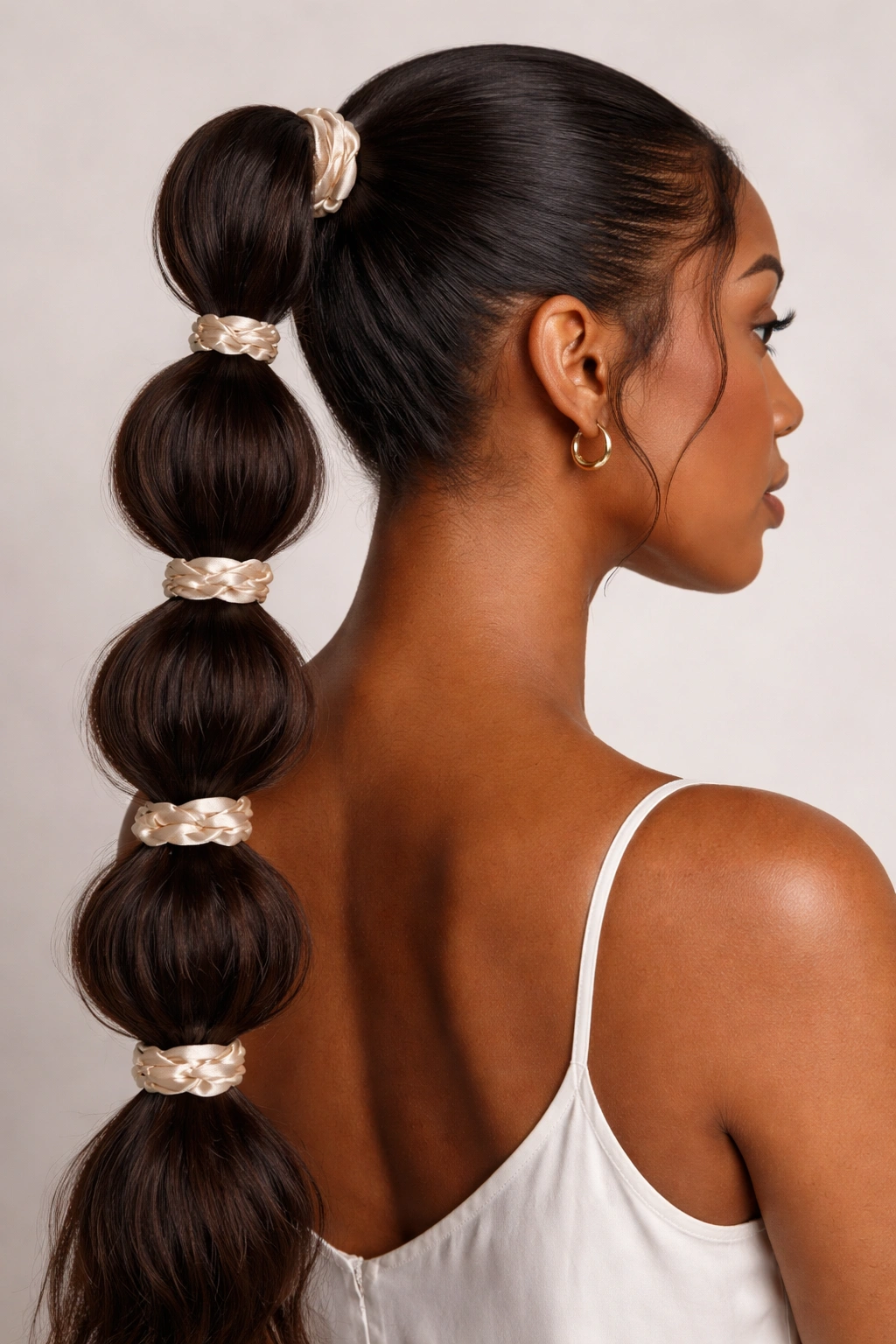 15 Protective Styles That Still Look Put Together 13 Close-up of a polished bubble ponytail with silk satin ties on a high ponytail