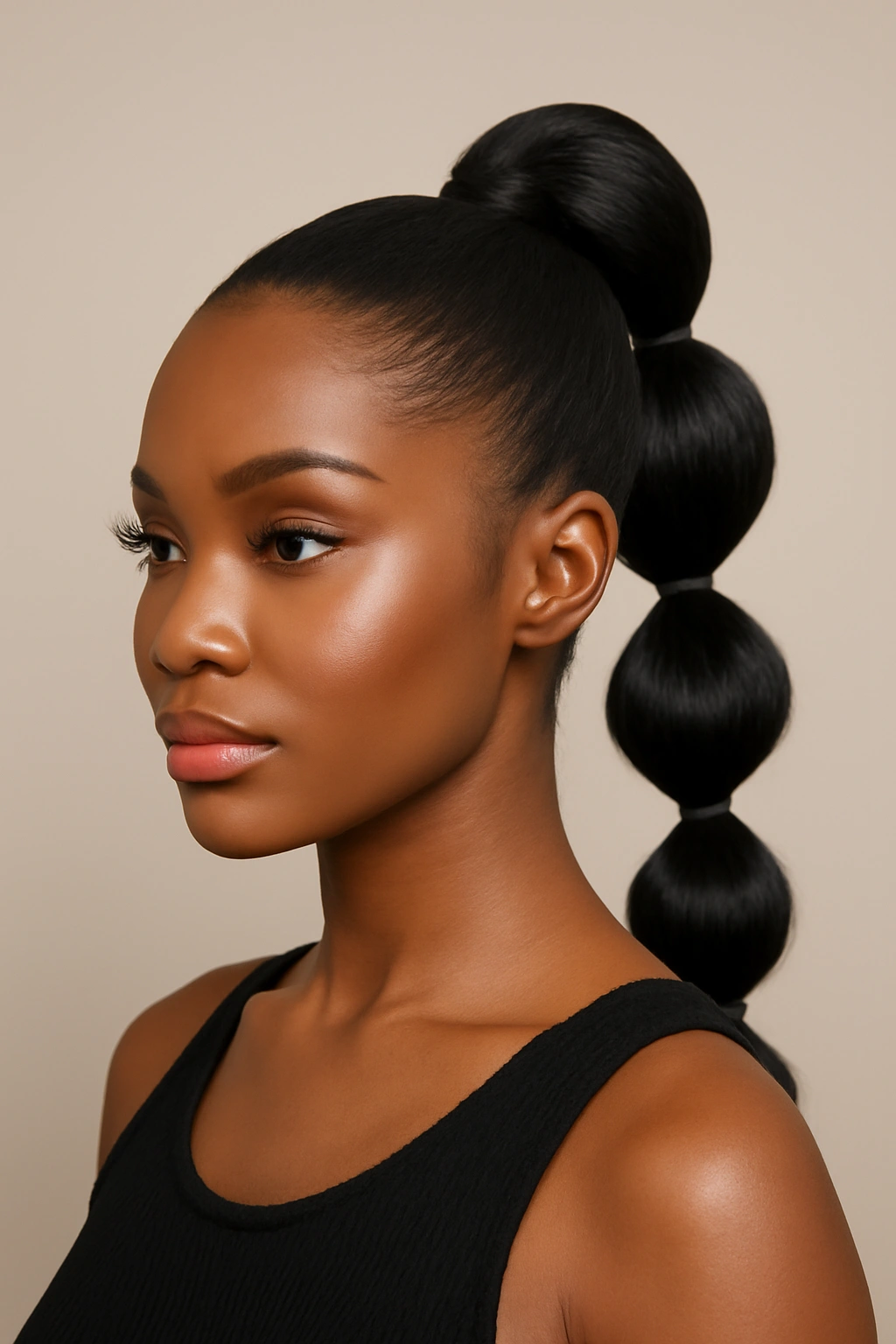 10 Bubble Ponytail Styles Black Women Love Right Now 1 Close-up of a Black woman with a sleek high bubble ponytail showing four bubbles and a smooth crown