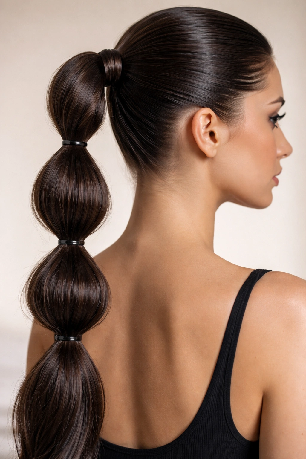 25 Slick Back Ponytail Styles for a Chic, Polished Look 3 Back view of a bubble ponytail with uniform rounded segments