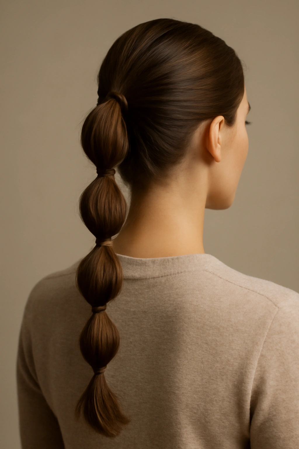 Ponytail with bubble-like sections formed by elastics along its length.