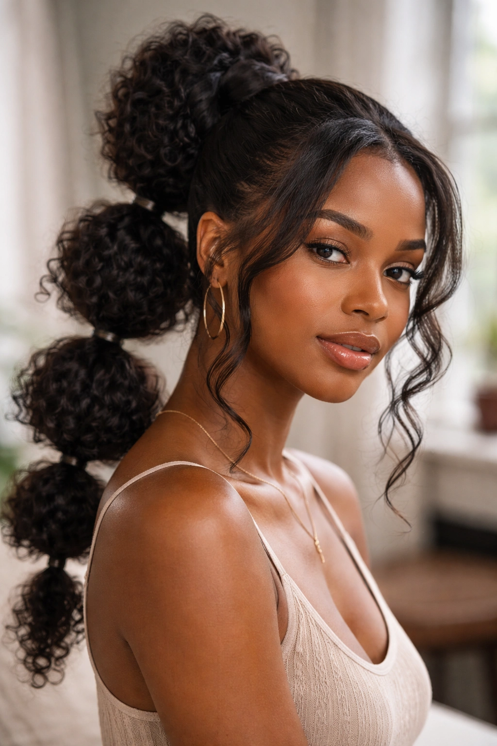Textured bubble ponytail with face-framing layers showing natural curls