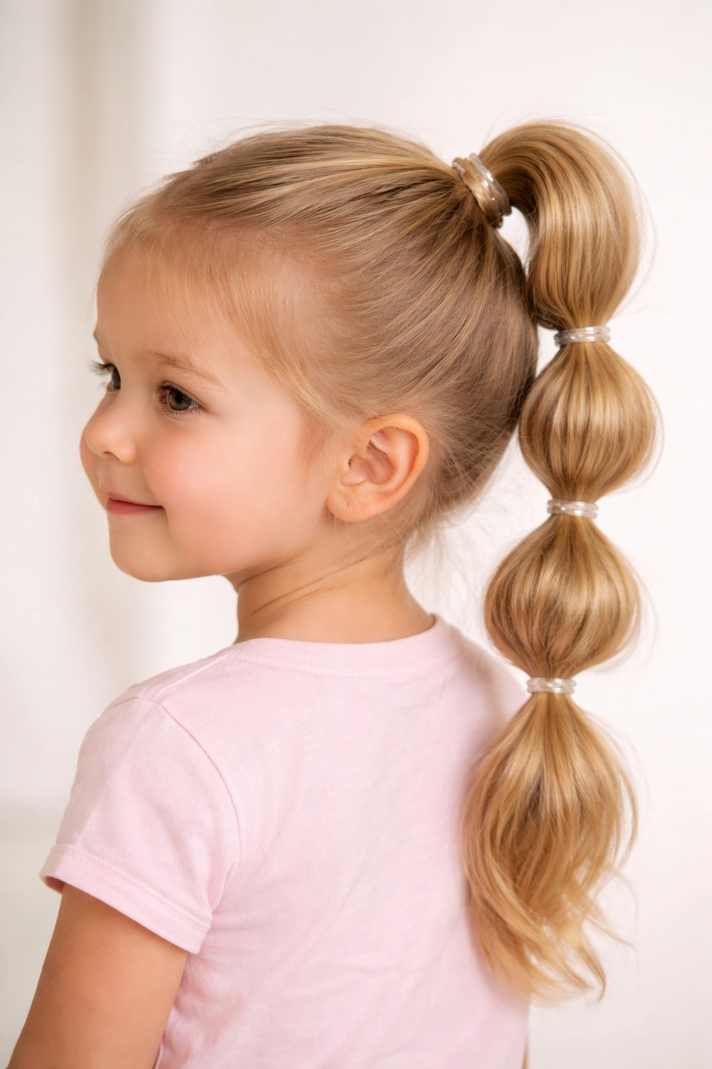 Toddler with a high ponytail featuring stacked bubble sections created by elastic bands.