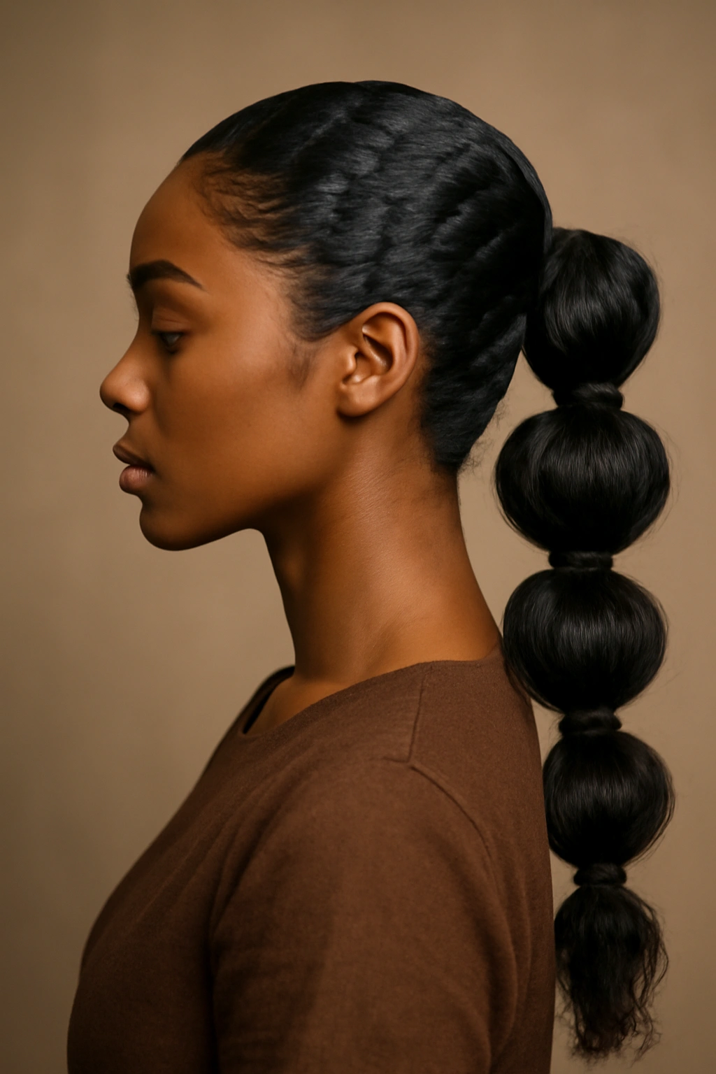 10 Bubble Ponytail Styles Black Women Love Right Now 2 Portrait of a Black woman with textured bubble ponytail and waves