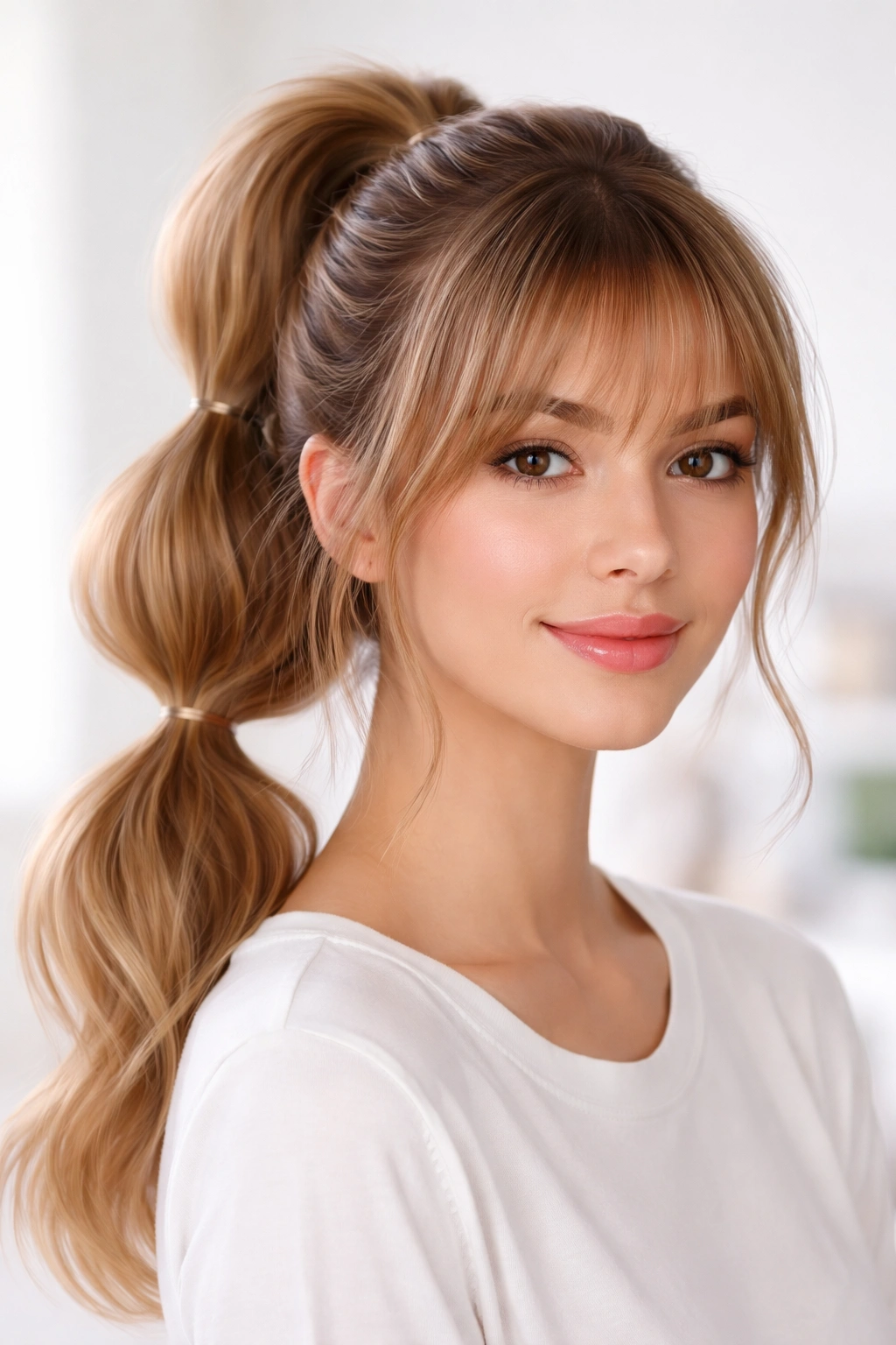 Bubble ponytail with wispy bangs on a head in a bright studio