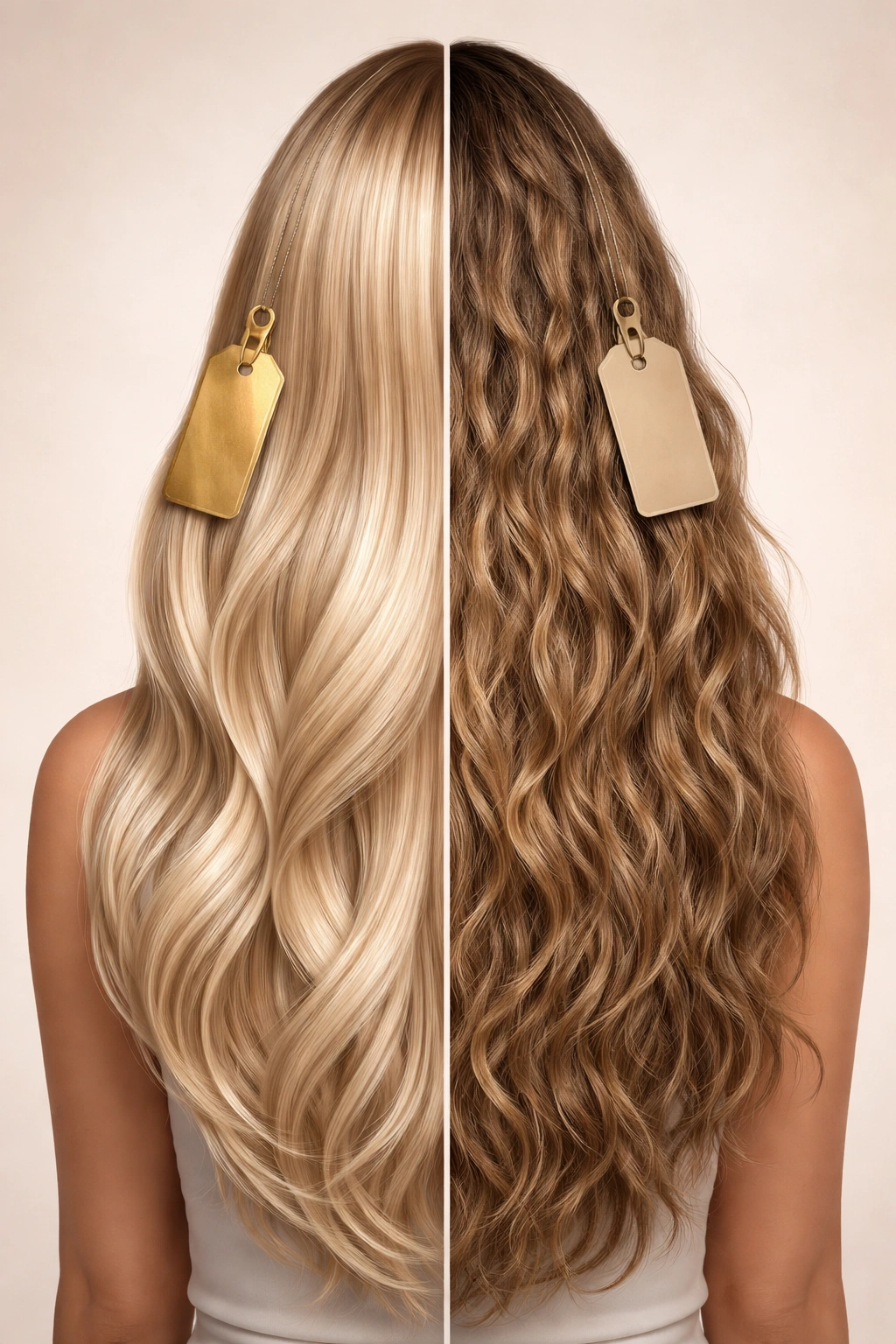 Head silhouette showing premium Remy extensions on one side and budget-friendly texture on the other