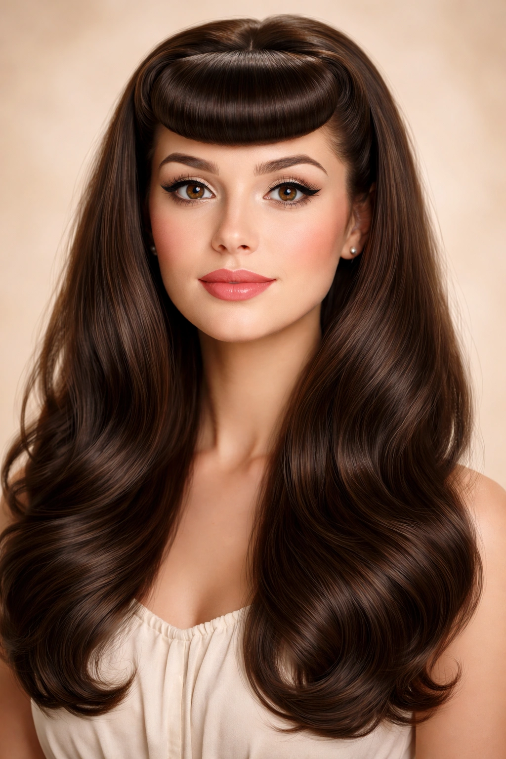 Long hair with bumper bangs curled under above the eyebrows