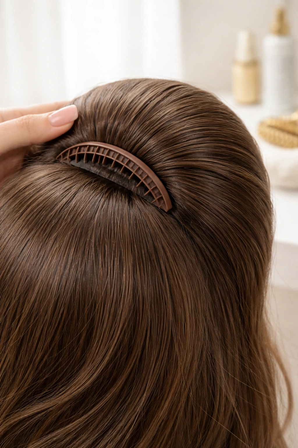 Close-up of bumpits inserted at the crown creating a voluminous bump in hair