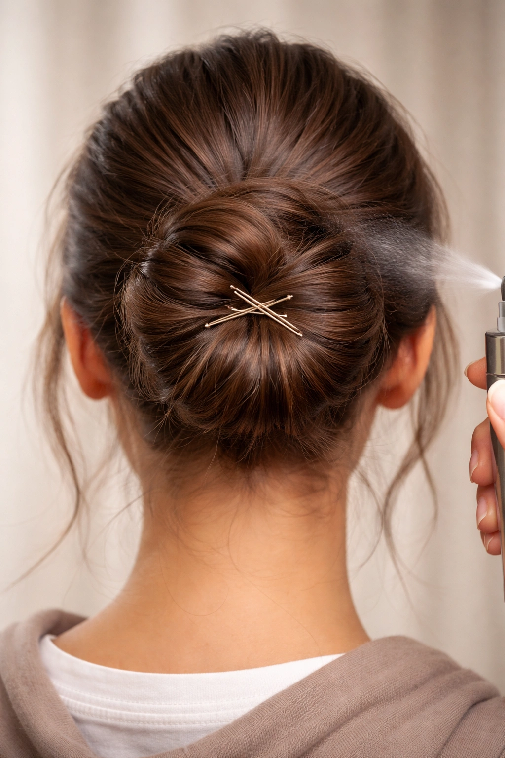 Close-up of bun held with crisscrossed bobby pins and light spray
