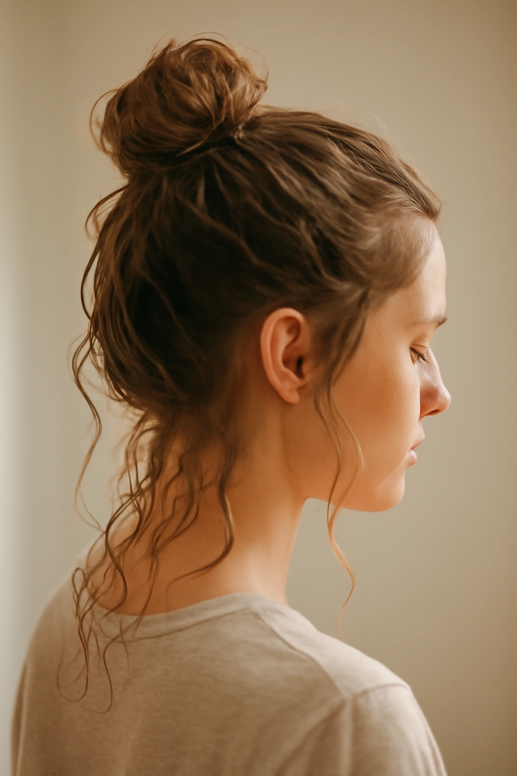 15 Heatless Wavy Hairstyles Anyone Can Pull Off 3 Side profile of damp hair in a loose high bun for soft waves