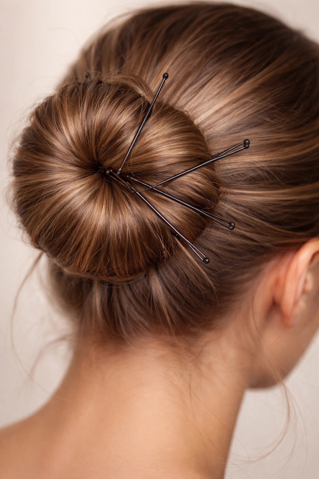 Close-up of a bun secured with multiple bobby pins for secure hold