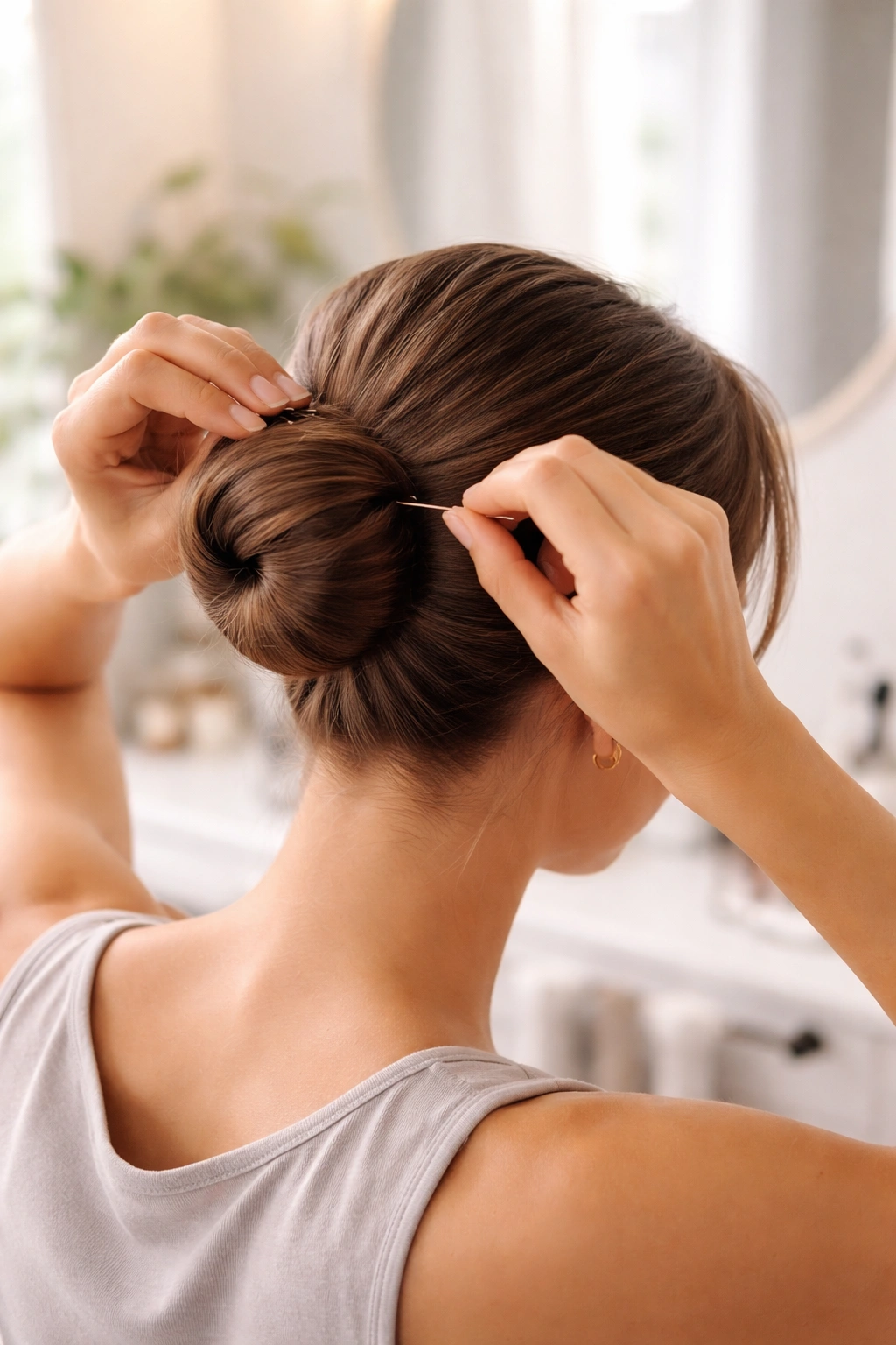Hands pinning hair into a bun quickly in a bathroom setting