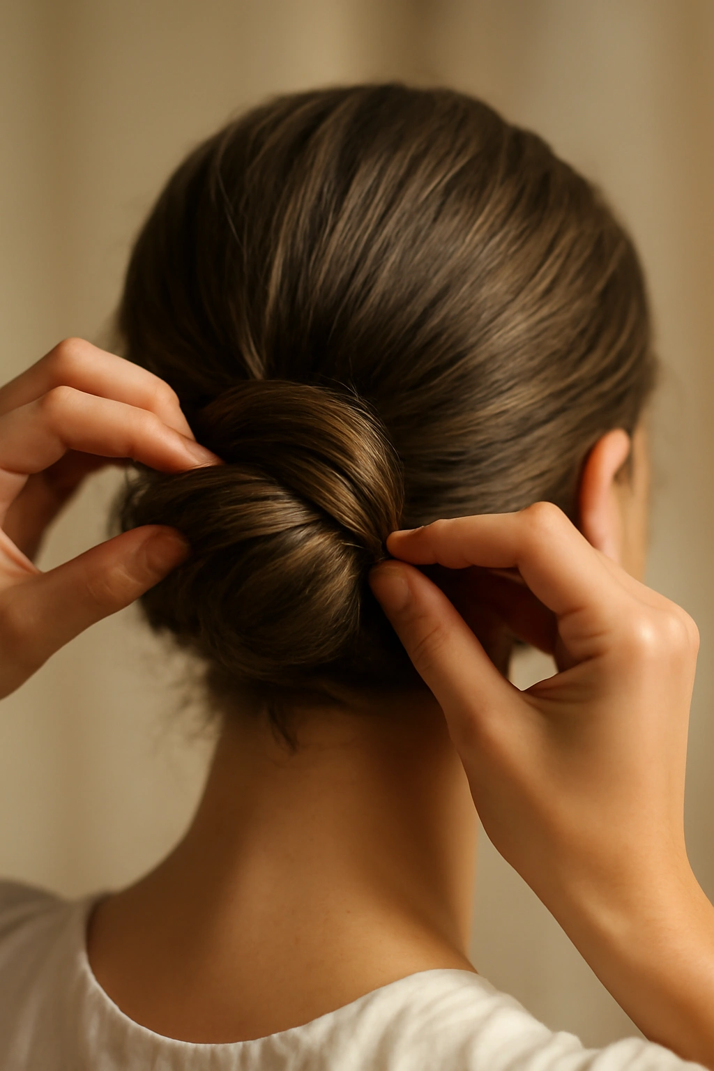 How to Create the Perfect Low Bun for Your Wedding 8 Close-up of hair twisted around elastic to form a bun with bobby pins