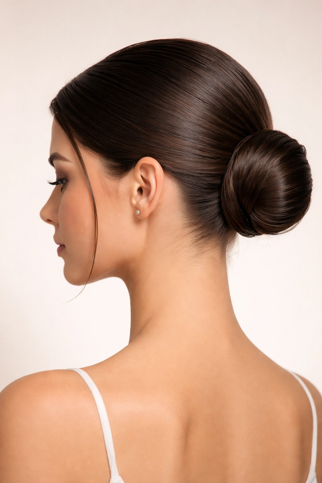 Tight low bun at the nape with wrapped base and hidden pins