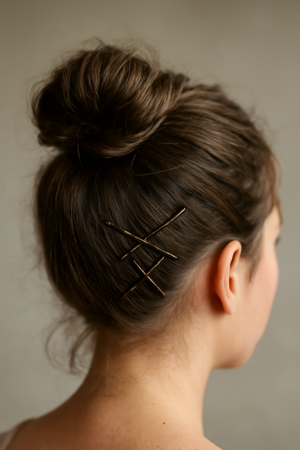 8 Messy Bun Ideas for Short Hair That Actually Stay 10 Back view of a short-haired bun with horizontal pins and an X-shaped pin arrangement
