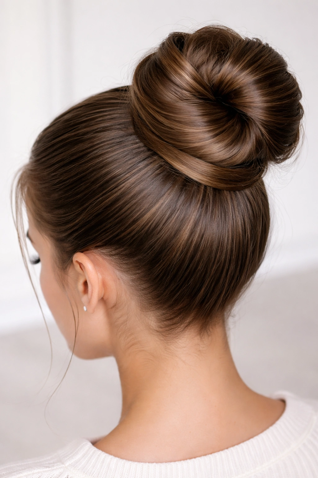 High bun with hair wrapped around base concealing the elastic