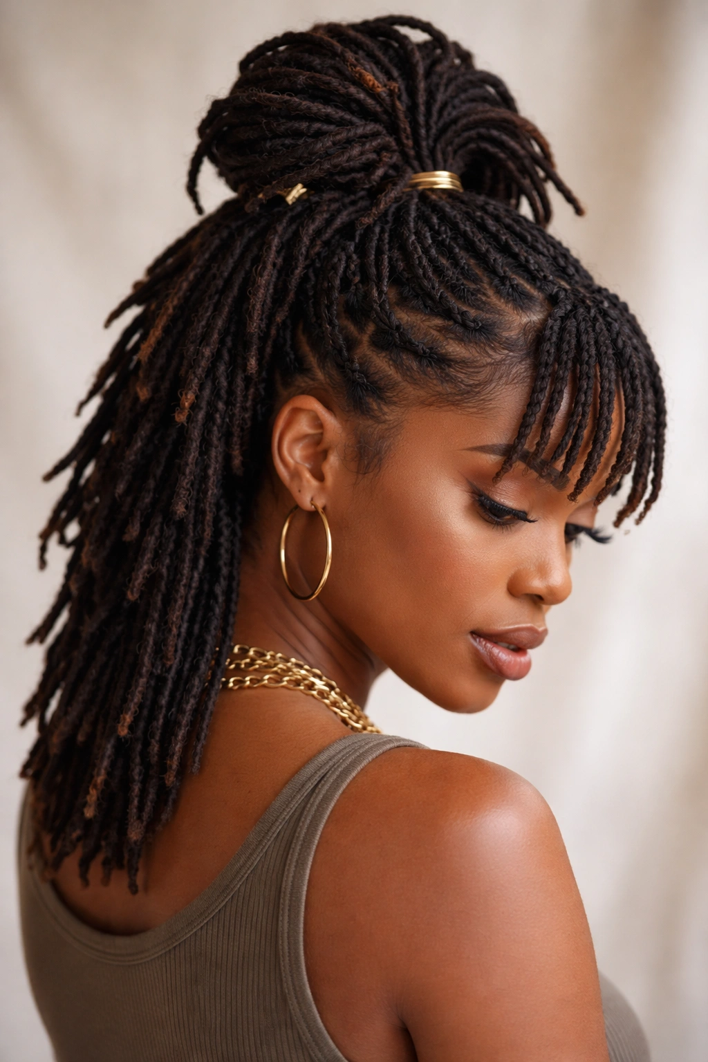 Bundled crown mullet locs with long top gathered into a bundle